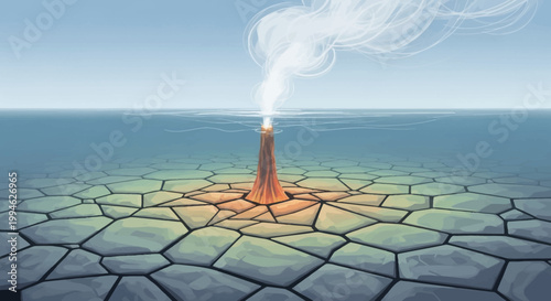 Stylized artwork depicts a volcanic structure erupting with smoke over water and cracked earth
