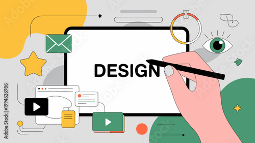 A digital illustration depicts graphic design concepts with a tablet stylus and various icons representing creativity and visual communication high quality professional detailed modern elegant stylish