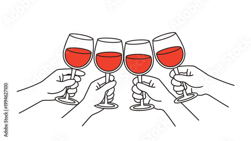 A minimalist illustration depicts four hands each holding a wine glass filled with red liquid clinking in a celebratory toast high quality professional detailed modern elegant