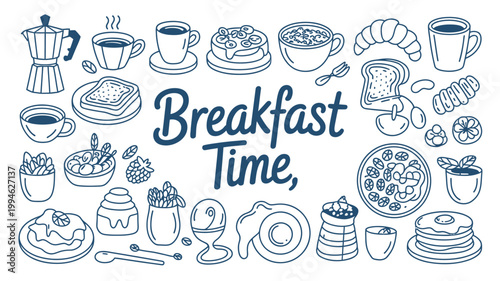 A charming doodle illustration showcases a variety of breakfast items including coffee pastries fruit and eggs arranged around text high quality professional detailed modern elegant stylish