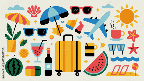 A colorful flat style illustration depicts various summer vacation essentials like beach accessories drinks and travel items high quality professional detailed modern elegant stylish clean crisp