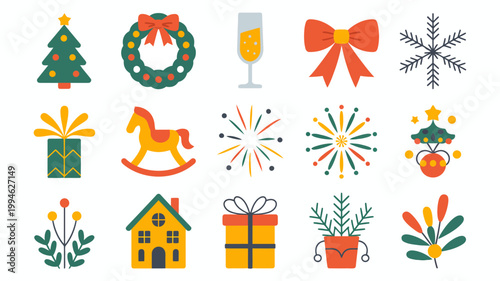 A colorful collection of festive icons depicts classic christmas elements including a tree wreath ornaments and celebratory imagery high quality professional detailed modern elegant stylish clean