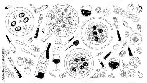 A flat lay illustration features italian cuisine including pizza pasta wine and various utensils arranged on a white background high quality professional detailed modern elegant stylish