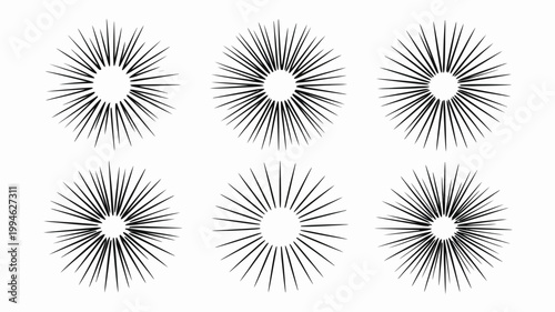 A symmetrical arrangement of six starbursts is displayed on a white background showcasing radial lines emanating from central points high quality professional detailed modern elegant stylish