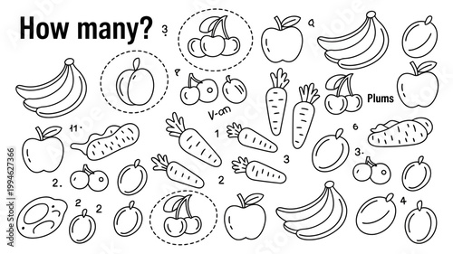 A black and white illustration presents a counting activity featuring various fruits and vegetables prompting viewers to determine quantities high quality professional detailed modern elegant stylish