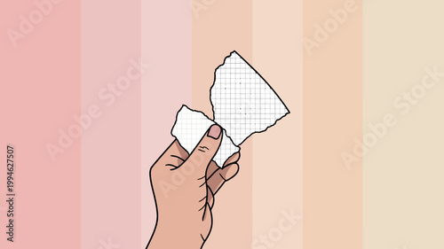 A hand holds torn pieces of graph paper against a gradient background of soft pastel peach and rose hues high quality professional detailed modern elegant stylish