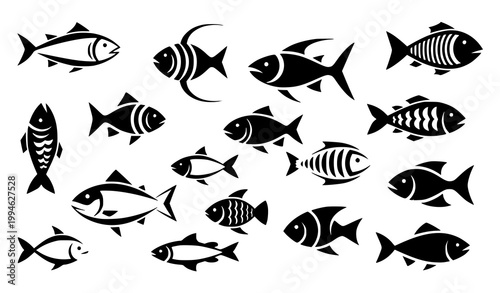 Creative fish icon vector set with stylized salmon seafood symbols and modern logo design isolated on white