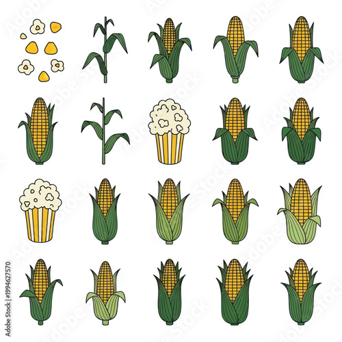 Corn Collection: Ears, Stalks, and Popcorn - Farm Harvest Icons