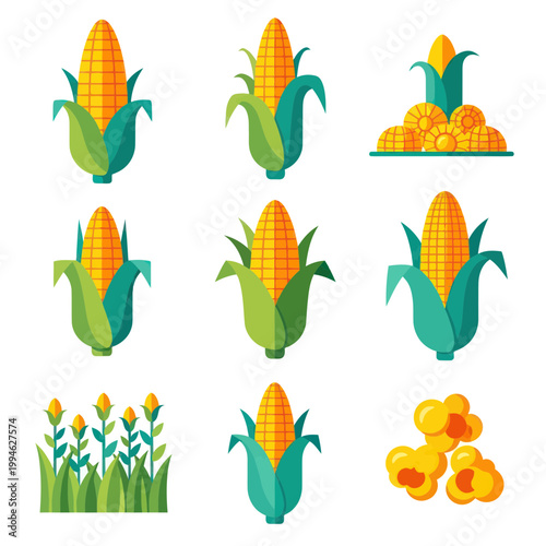 Corn Collection: Ears, Stalks, Kernels, and Popcorn - Flat Vector Icons