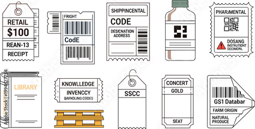 Barcode and Label Icon Set with Retail Tag, Shipping Code, Pharmacy Label, Concert Ticket, Library Book, and GS1 Databar for Logistics and Commerce Designs