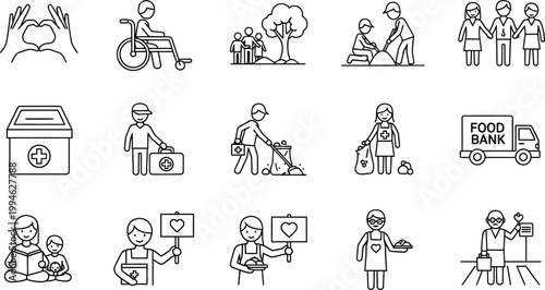 Line art illustrations depicting concepts of charity aid and global support