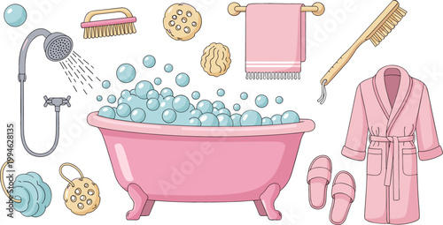 Relaxing Bath Set Vector with Pink Bathtub, Shower, Towels, Robe, Loofahs, and Bath Accessories for Home Spa and Wellness Designs