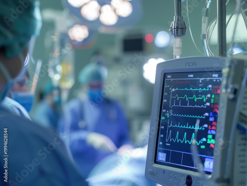 Modern Operating Room with Medical Team and Monitor 