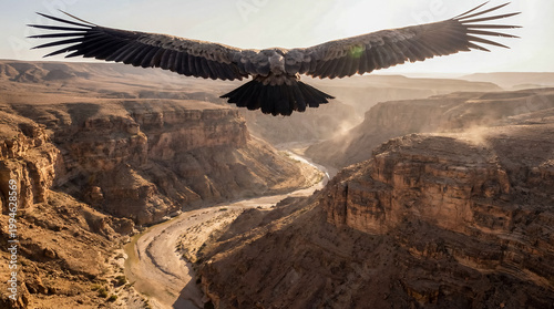 bird of prey flying desert canyon cliffs aerial wings wide raptor crossing a rugged rocky gorge in sunlight conveying freedom scale and wild adventure for travel branding and editorial backgrounds