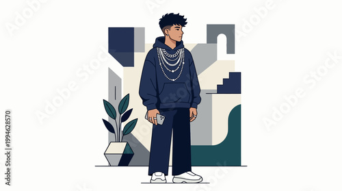 A young man in casual clothes stands next to a potted plant indoors.