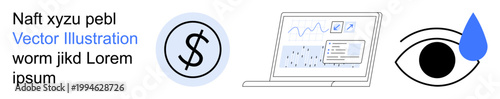 Business planning, data visualization, financial management, privacy, analysis tools, content creation. Laptop with analytics, dollar icon and eye. Business planning and data visualization focus