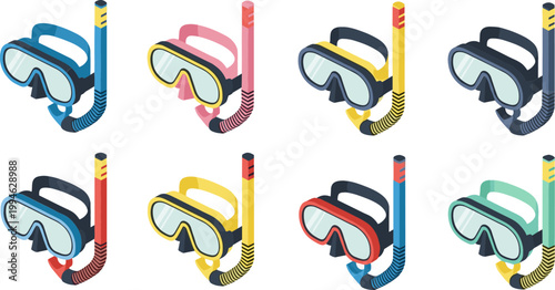 Snorkel Mask Vector Set with Colorful Designs for Swimming, Diving, and Water Sports Activities