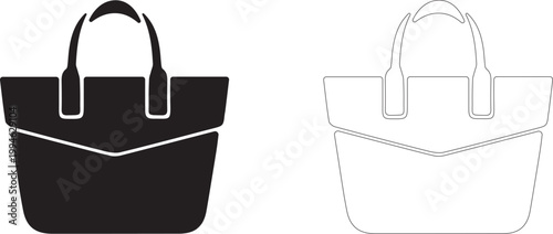 Women's Tote Bag Icon Set: Solid and Outline Vector Styles for Shopping, Fashion, and Retail Design.