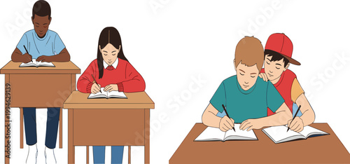 Students Studying and Writing in Classroom Scene with School Kids Doing Homework and Learning Together Vector Illustration for Education Concept