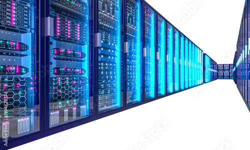 Photos Server racks creating 3d endless data center corridor