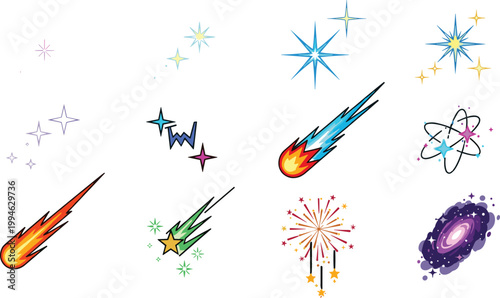 Space and Cosmic Vector Icon Set with Meteor, Comet, Stars, Atom, Galaxy, Fireworks, and Sparkle for Science, Astronomy, and Universe Themed Graphic Design Projects