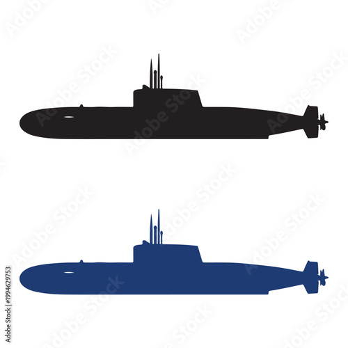  illustration featuring two stylized submarine silhouettes, one in black and one in blue, each with cylindrical hulls, conning towers, and rear propellers. This marine design symbolizes 