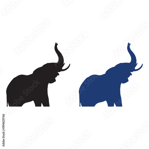 PrintVector illustration featuring two stylized elephant silhouettes, one in black and one in blue, both depicted with trunks raised upward. This wildlife design symbolizes strength, majesty, and cult