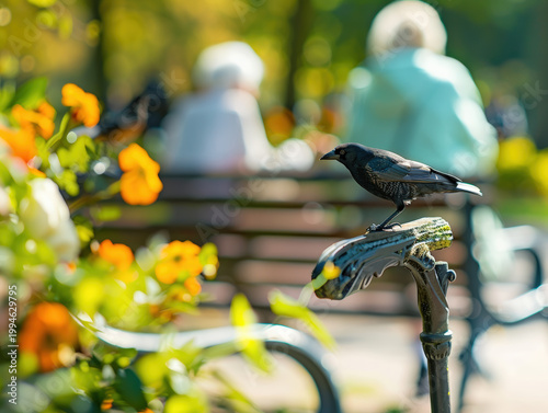 Foreground sharp focus on a folded walking cane and a small bouquet on a bench, shallow DOF, background shows blurred elderly parents chatting and feeding birds (side profiles only)