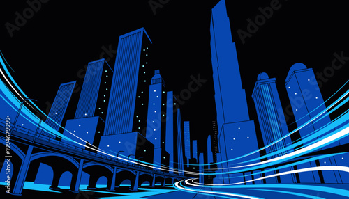 Blue city skyline vector illustration with bridge and light trails