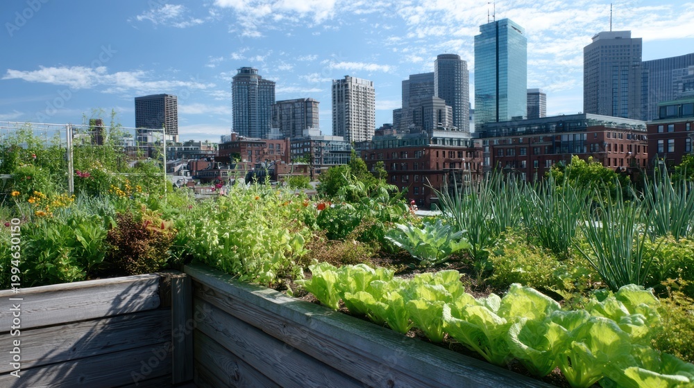 Fototapeta premium Rooftop garden with vegetables and pollinator plants overlooking urban skyline