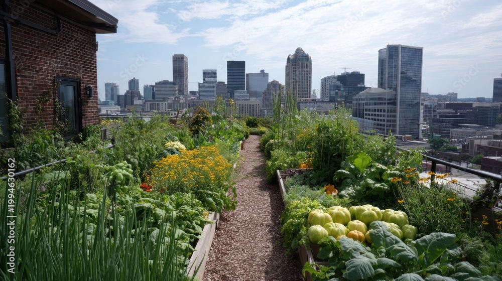 Fototapeta premium Rooftop garden with vegetables and pollinator plants overlooking urban skyline