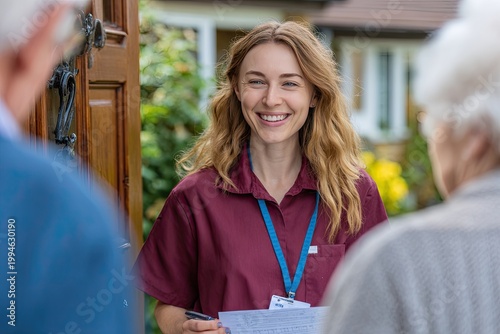 Smiling caregiver greets senior couple at a home's front door
