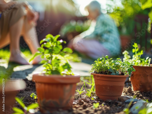 Gardening in Sunlight with Potted Plants 