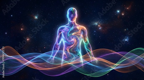 Glowing human silhouette in cosmic energy waves against a starry galaxy background