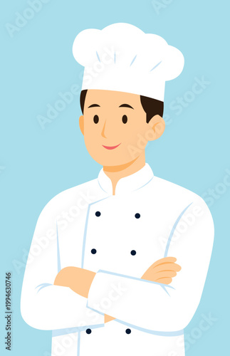 Smiling Male Chef Character in White Uniform and Toque Blanche Hat