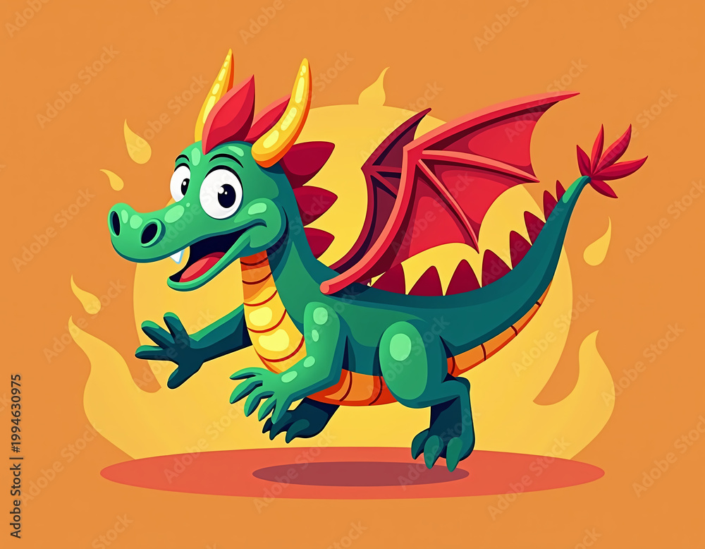 Fototapeta premium Adventurous Cartoon Dragon Flying Through a Fantasy World for Children's Book