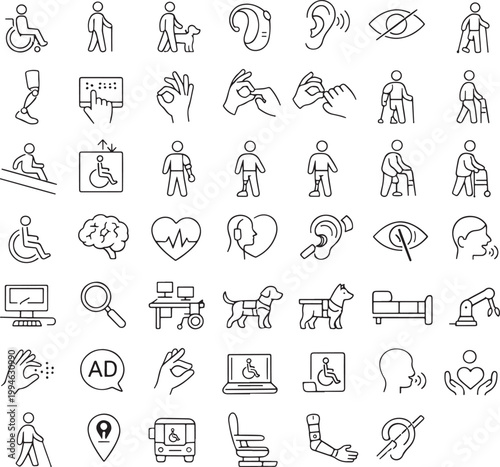Disability and accessibility thin line icons representing inclusion rehabilitation assistive technology and human rights.
