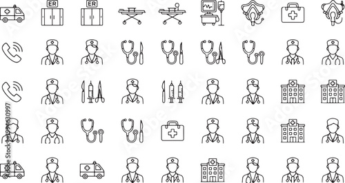 Collection of medical and healthcare related line icons for professional use.