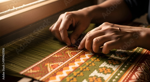Close-up of Artisan Hands Weaving Traditional Patterned Fabric on a Handloom