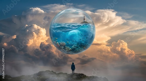 A lone figure stands on a rock gazing up at a giant transparent sphere containing an underwater world and a lighthouse under a dramatic sky