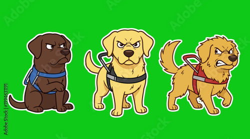 Three Angry Cartoon Labrador Retrievers with Grumpy Facial Expressions.
