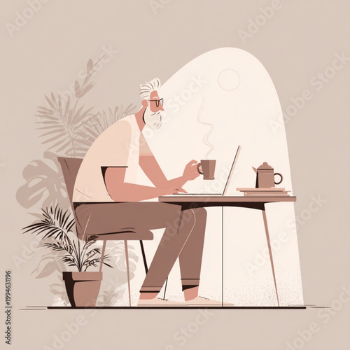 Man enjoys coffee and works on a laptop in a cozy indoor setting.