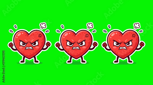 Three Angry Cartoon Hearts with Furious Expressions on Green Background.