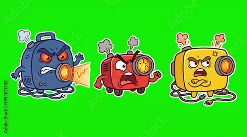 Three Angry Cartoon Projectors with Steam and Furious Expressions.