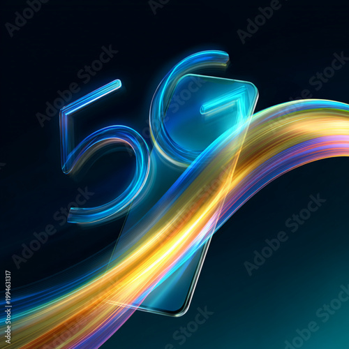 Glowing neon number fifty-six forms a dynamic abstract wave design.