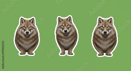 Three adorable cartoon wolves with happy expressions on green background.