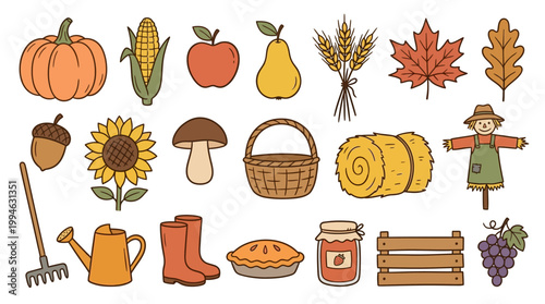 Obraz na płótnie Autumn harvest icons including pumpkin corn fruits leaves mushrooms basket scare