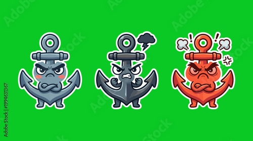 Three Angry Cartoon Anchors Displaying Different Facial Expressions on Green.