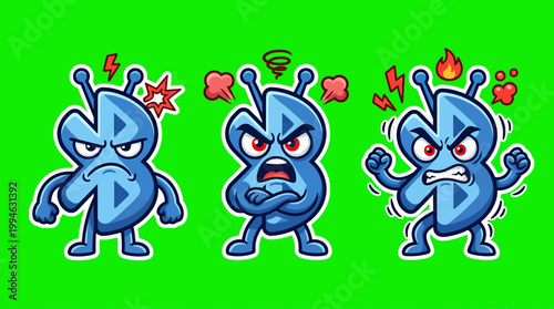 Three Angry Blue Alien Cartoon Characters with Expressions of Rage.