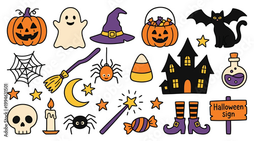 Photos Halloween themed icons and symbols for decoration and celebration including spooky and festive elements for kids and adults alike to enjoy on All Hallows' Eve